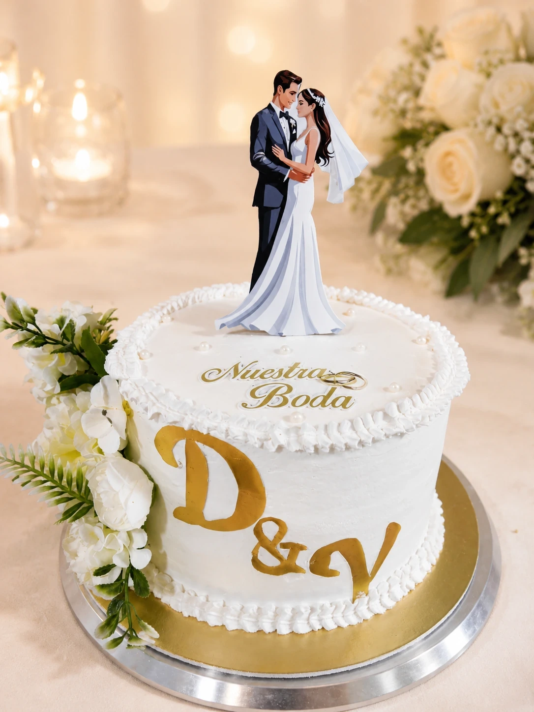 Pastel de boda blanco con iniciales doradas, flores y una pareja de novios.