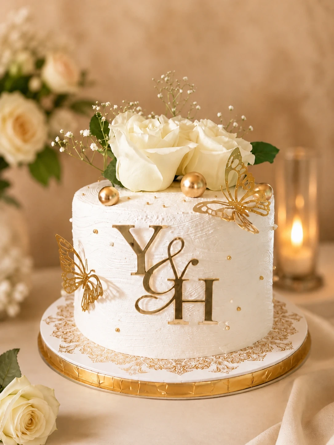 Diseño con rosas blancas, iniciales y delicados detalles dorados.