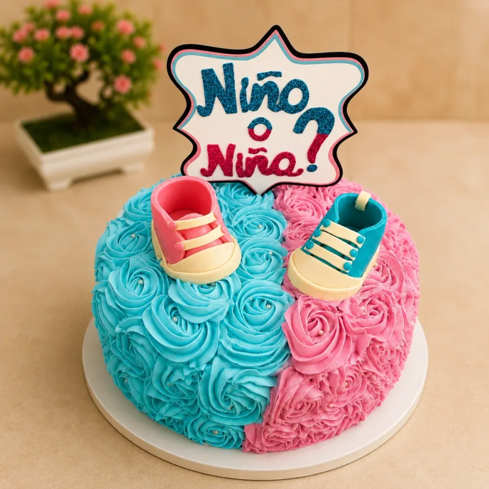Rosetones rosados y azules con pequeños zapatos para una revelación de género.