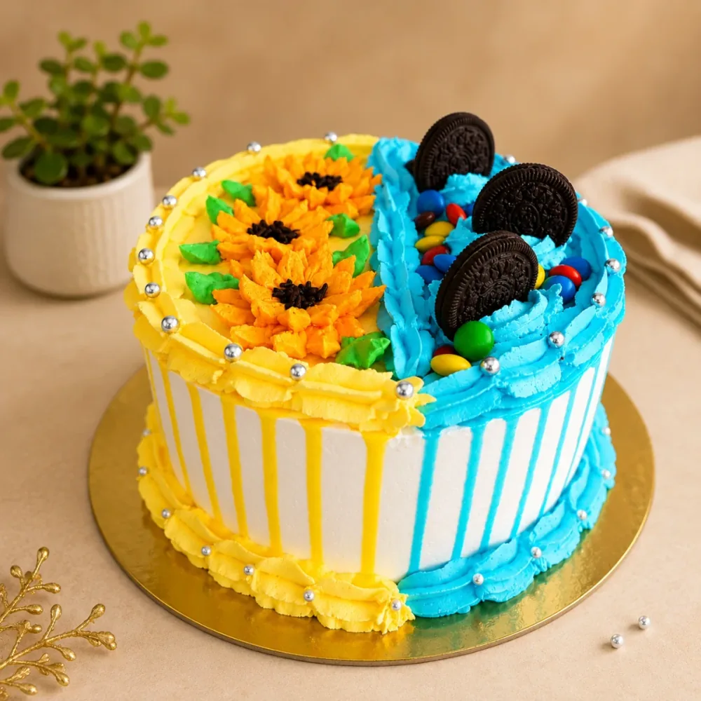 Diseño en amarillo y celeste con girasoles, galletas y drip mixto en ambos tonos.