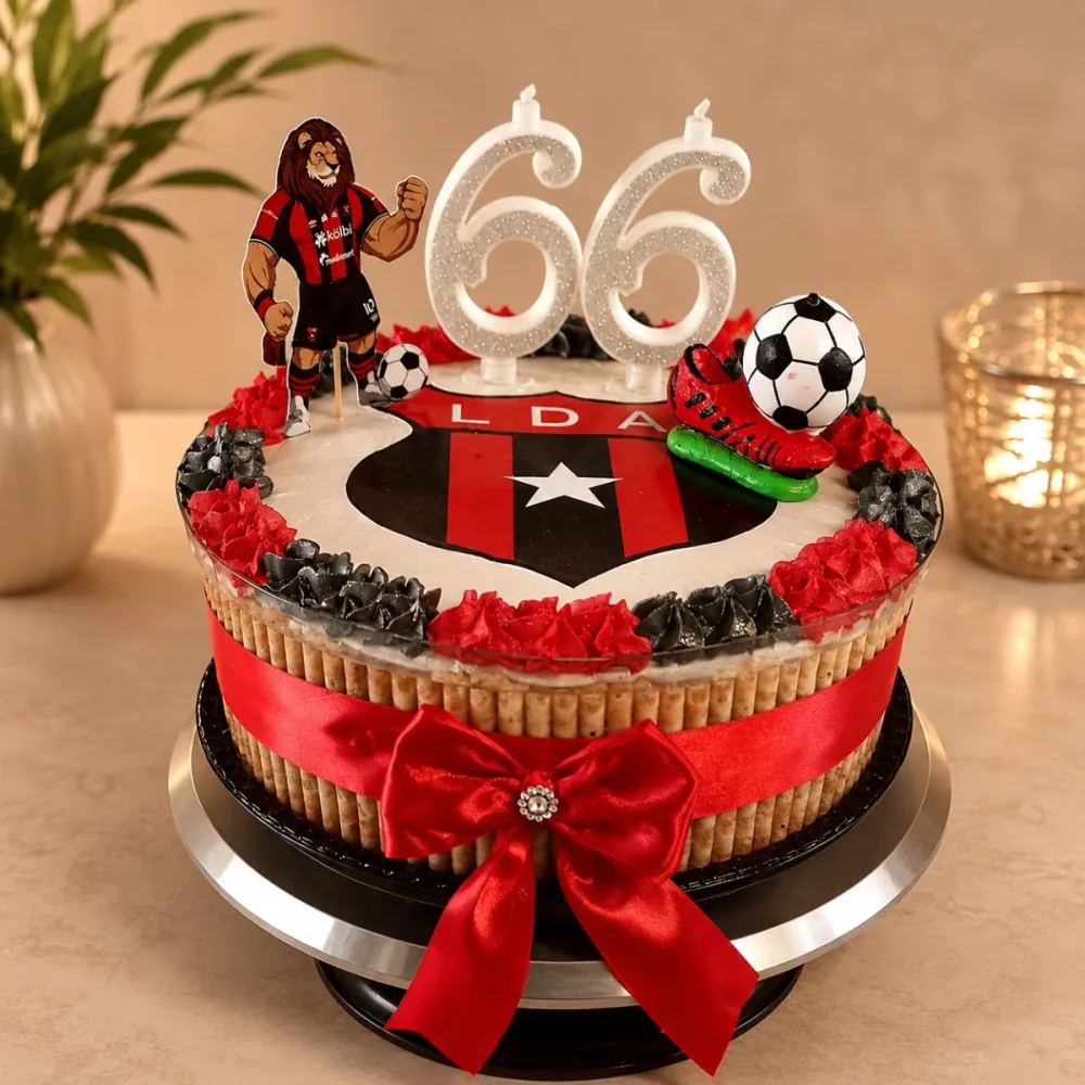 Diseño rojinegro con balón, lazo y una edad personalizada.