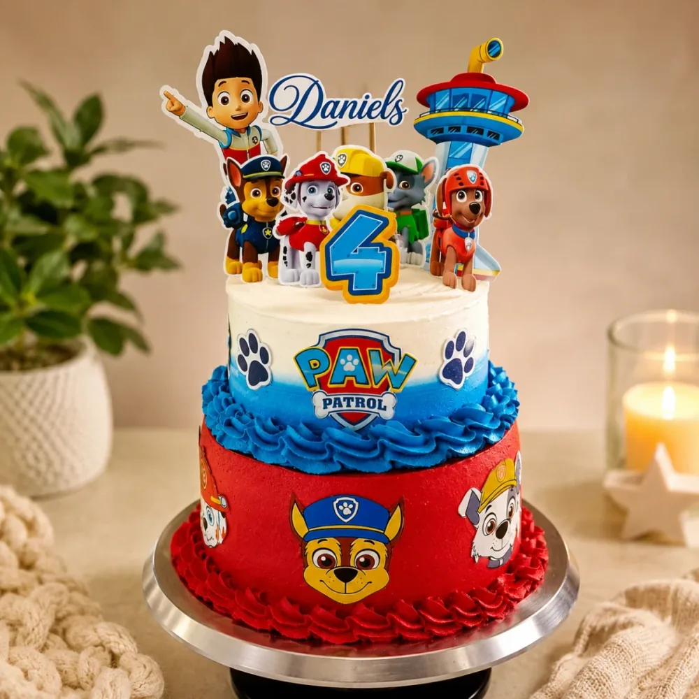 Dos pisos en azul, rojo y blanco con los personajes de la Patrulla Canina.