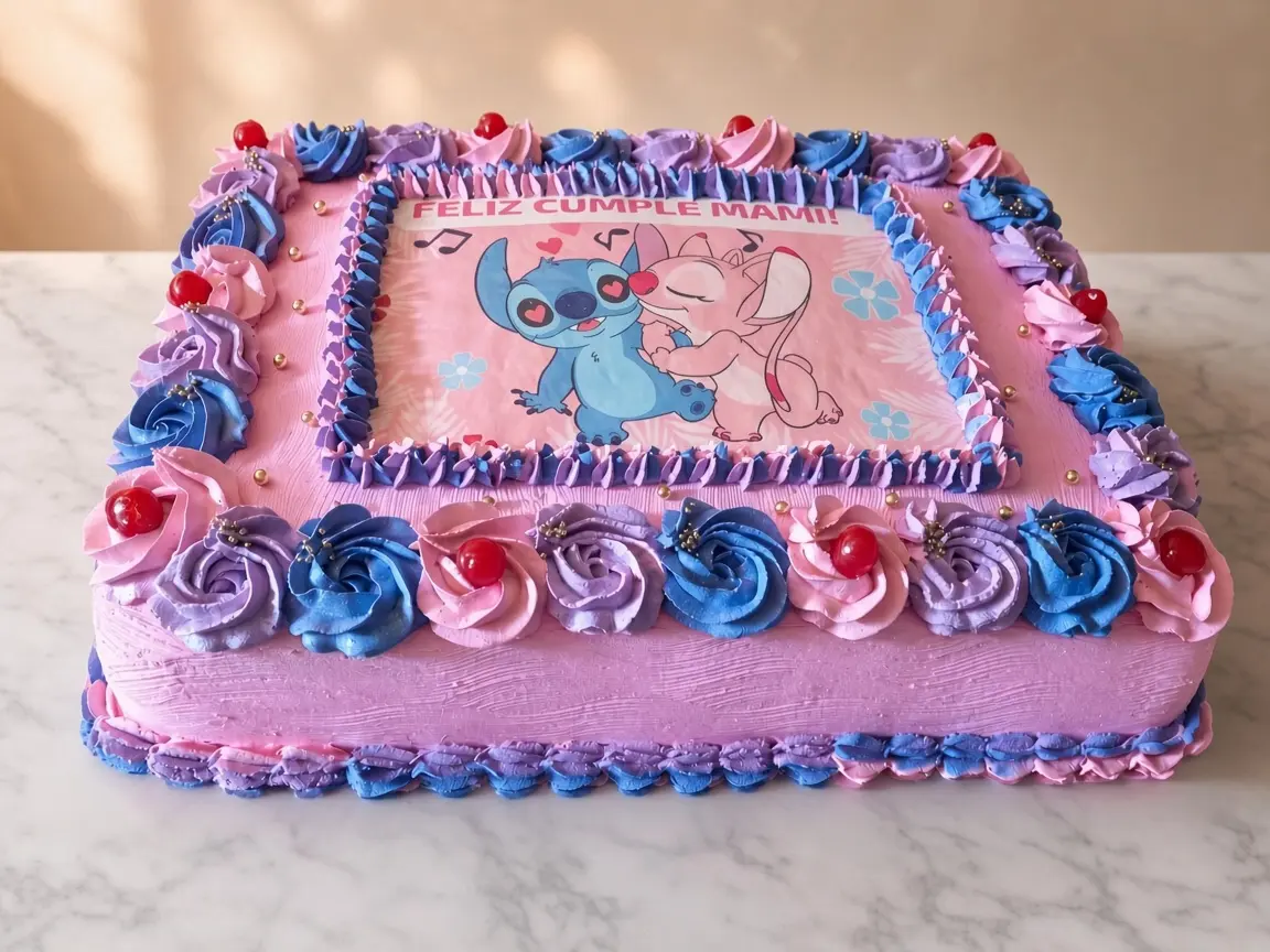 Pastel rectangular rosado con Stitch y Ángel, rosetones bicolores y cerezas decorativas.