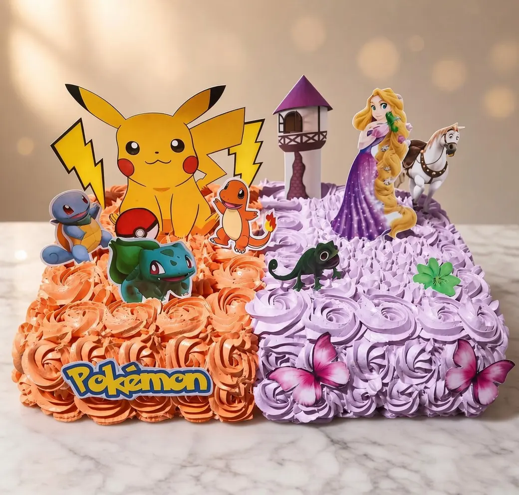 Pastel temático de Pokémon con Pikachu en rosetones naranja y Rapunzel en lila.