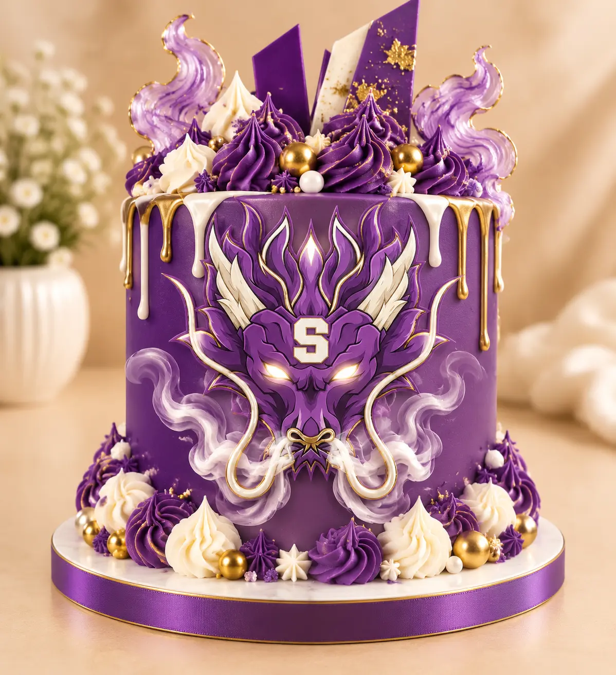 Pastel temático del Deportivo Saprissa con dragón morado, drip dorado y finos rosetones.