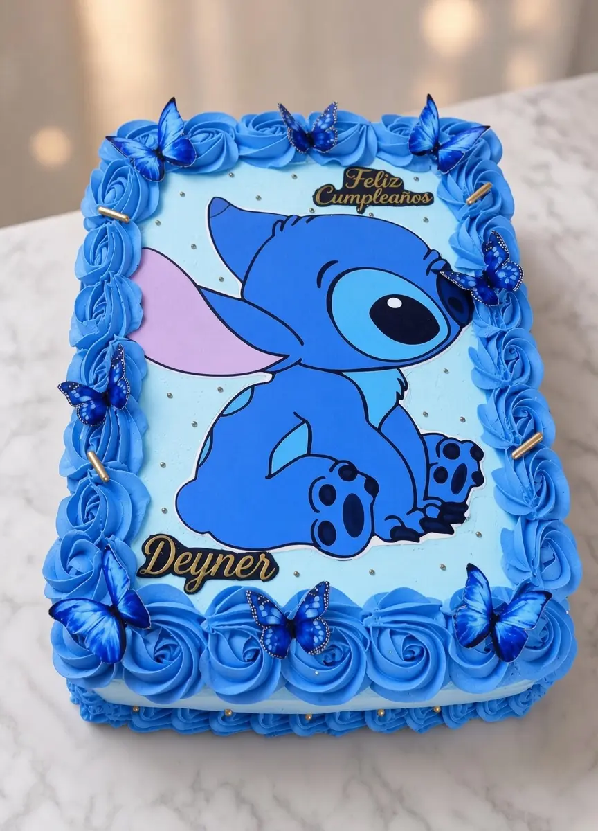 Pastel rectangular celeste con Stitch, mariposas azules en relieve y rosetones artesanales.