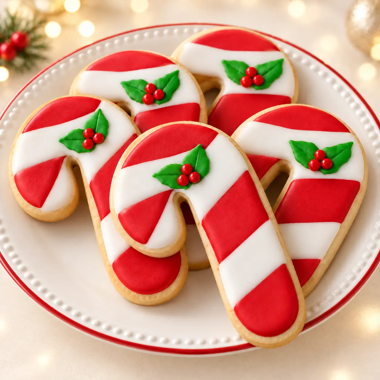 Galletas de vainilla en forma de bastón, decoradas a mano en rojo y blanco con detalles de acebo.