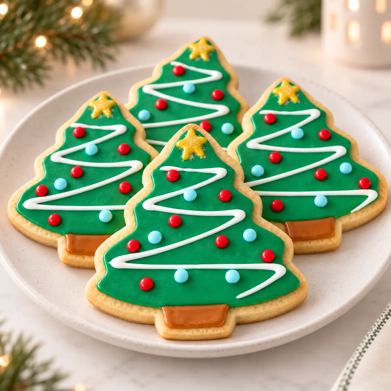 Galletas de vainilla en forma de árbol, decoradas con cobertura verde, guirnaldas de glaseado y detalles de azúcar.
