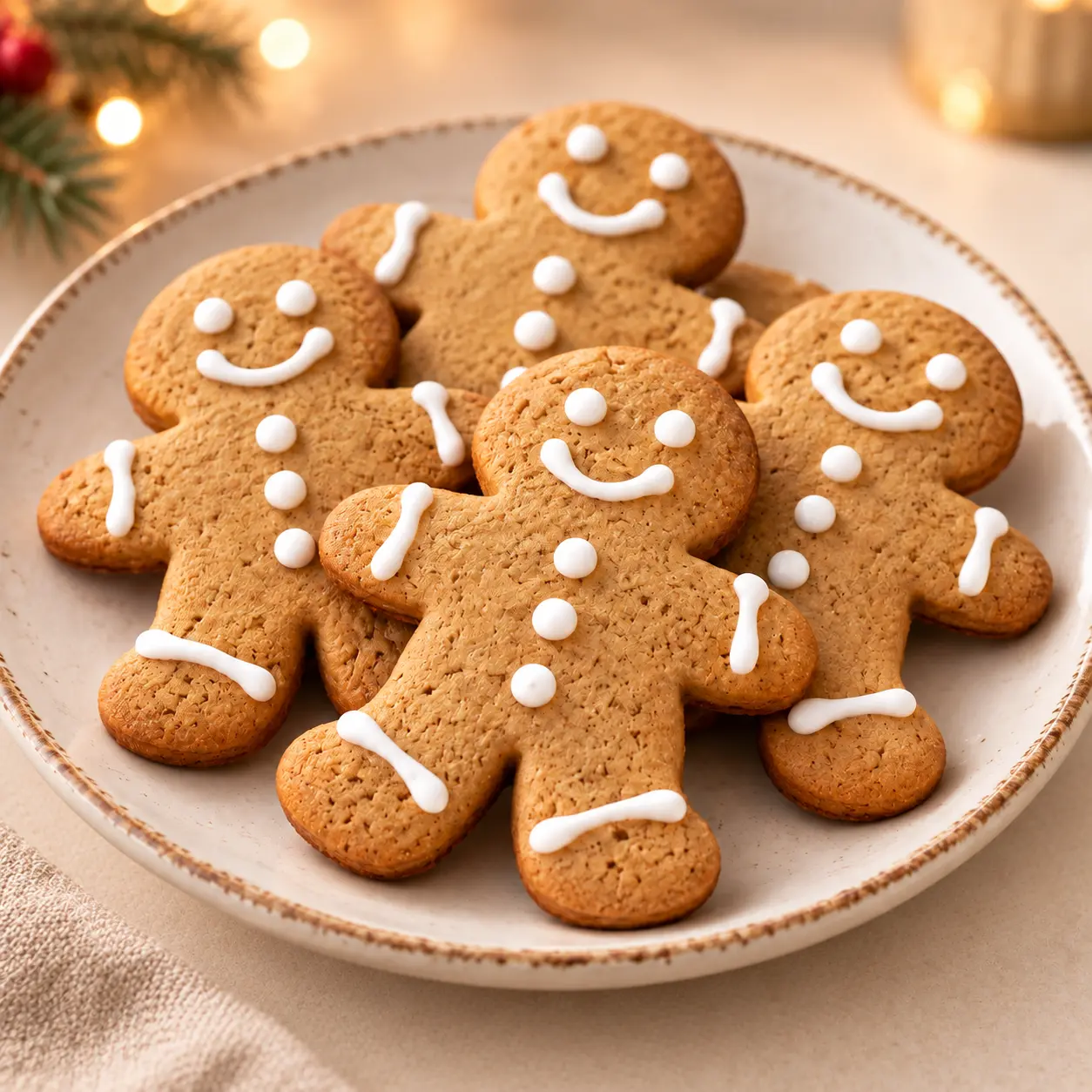 Galletas especiadas de jengibre con bordes definidos y detalles de glaseado blanco aplicados a mano.