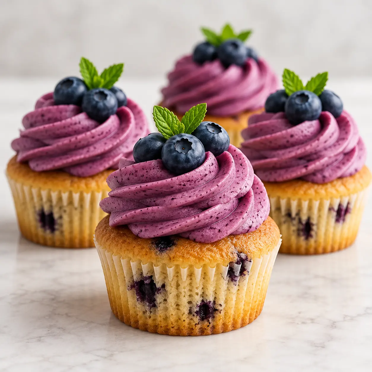 Suave bizcocho con arándanos reales y chantilly morado decorado encima.