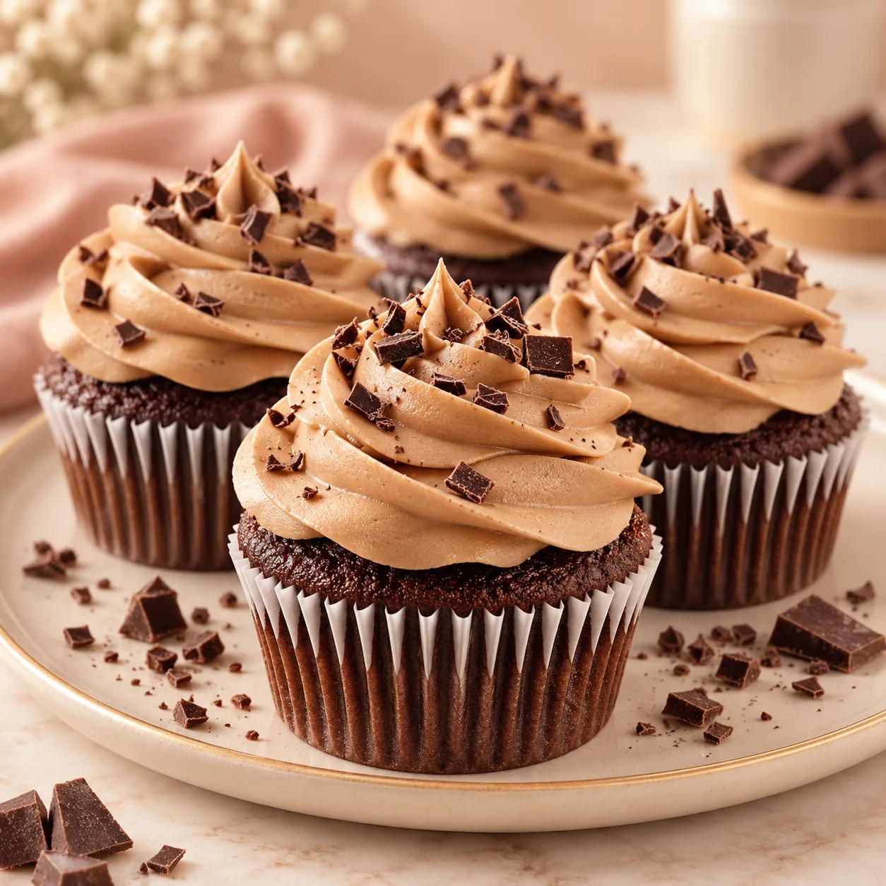 Bizcocho intenso de chocolate con crema suave y trocitos de chocolate por encima.