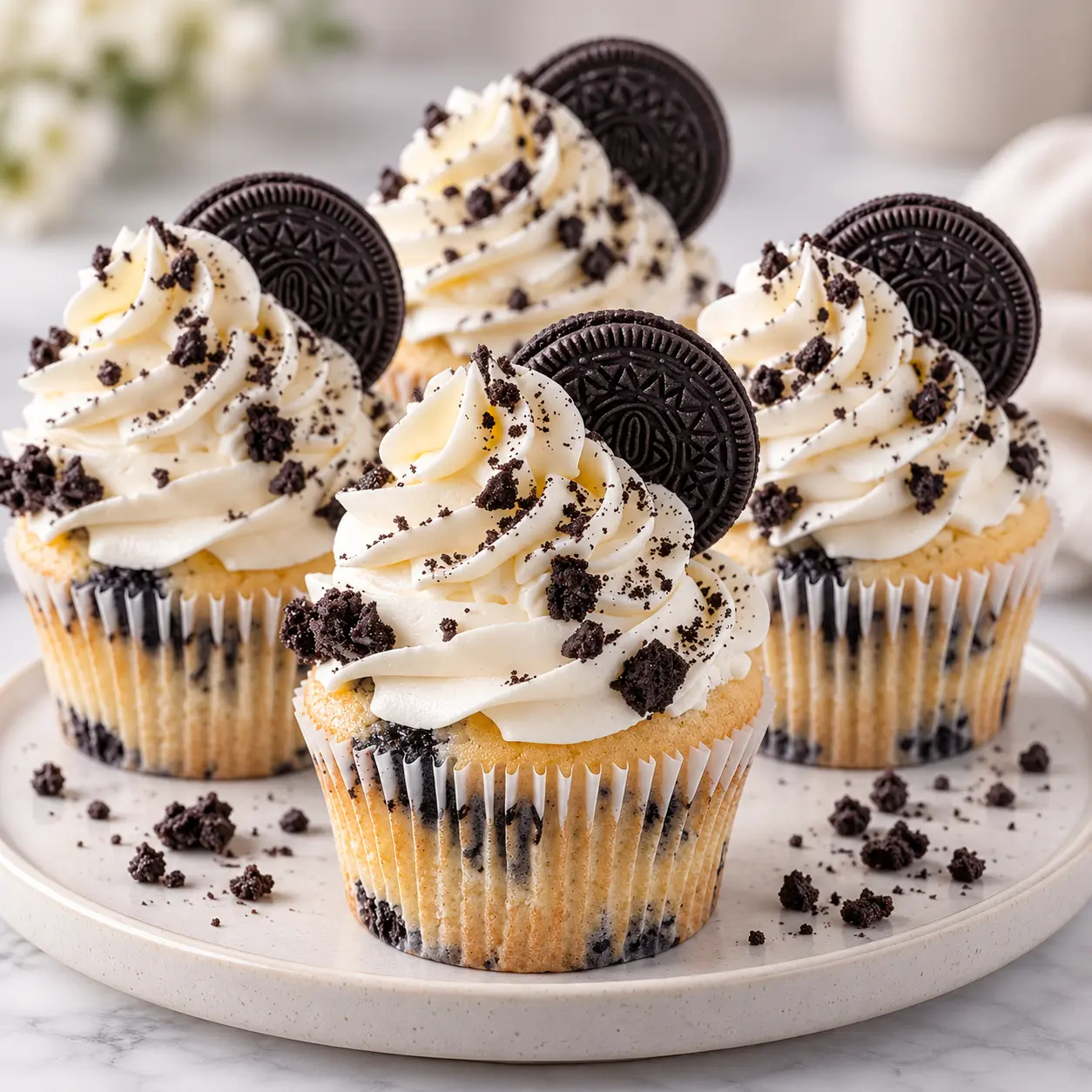 Base de bizcocho de chocolate con crema de Oreo y trocitos de galleta por encima.