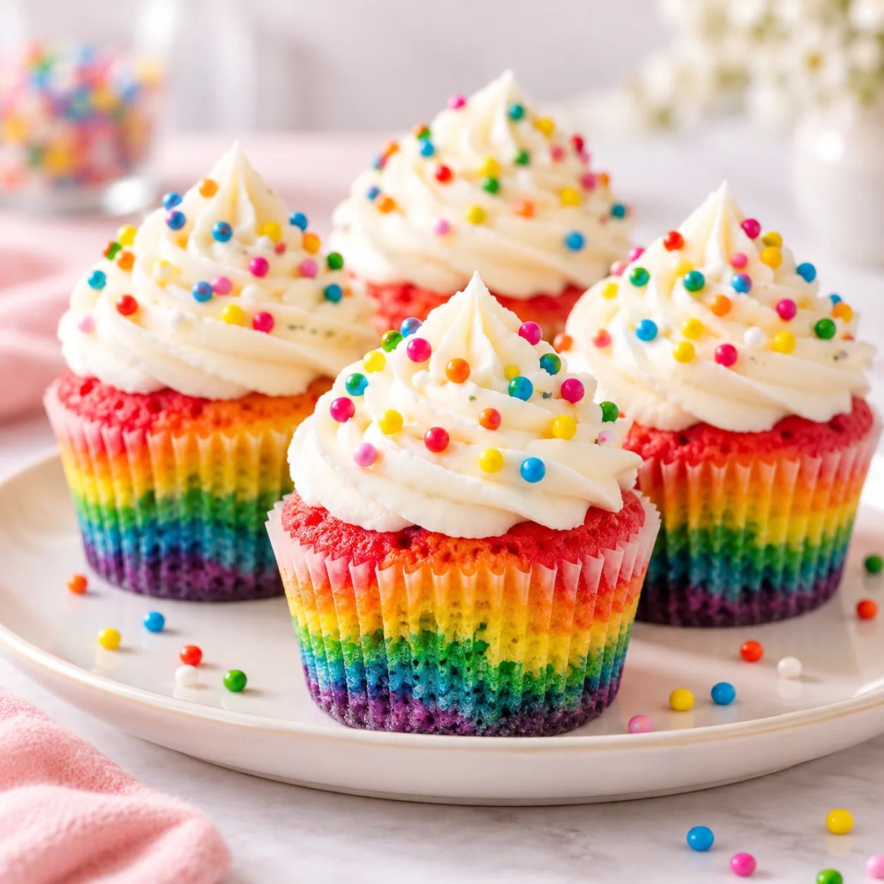 Capas de bizcocho de colores con crema de vainilla y perlas dulces.