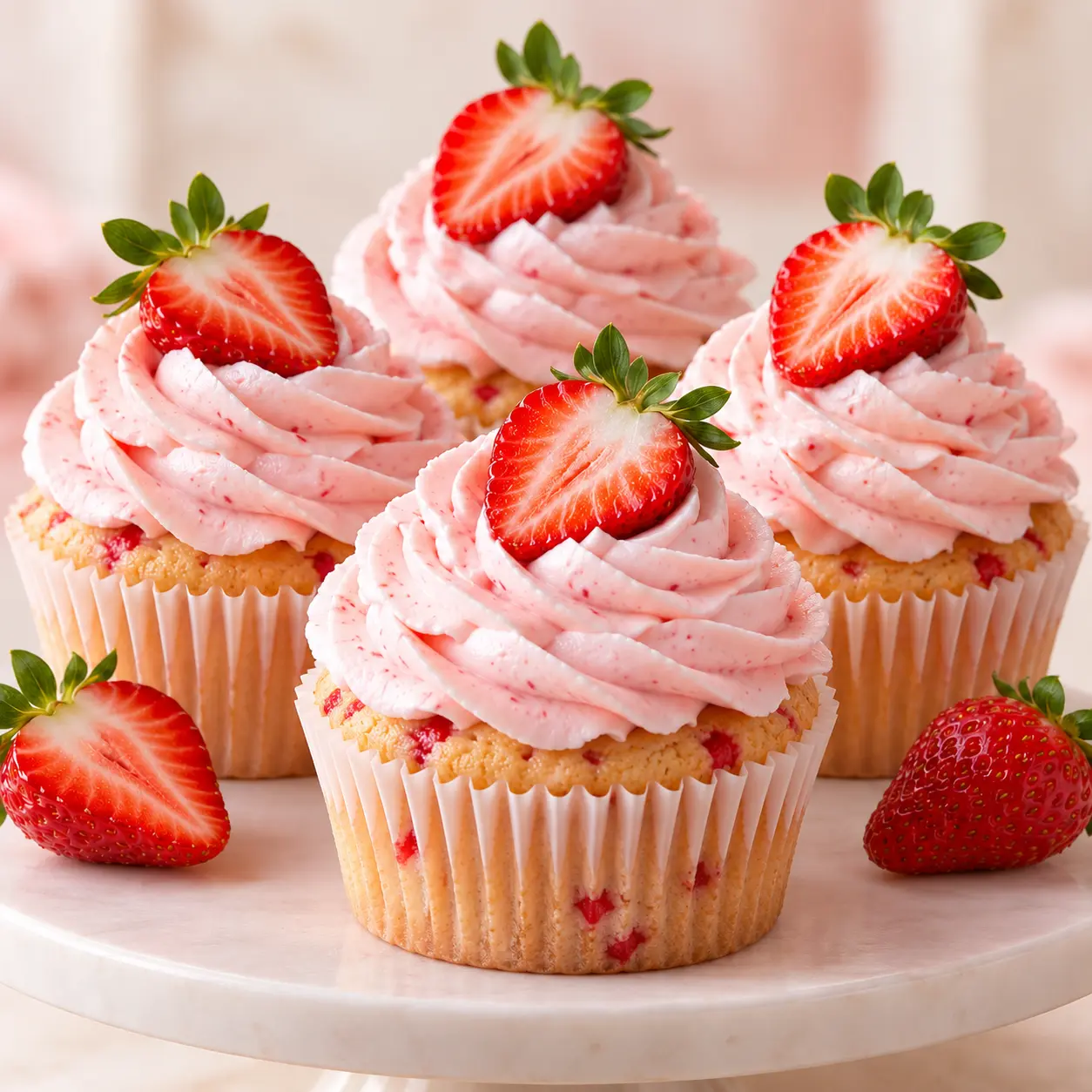 Bizcocho esponjoso relleno de fresa con chantilly rosado decorado a mano.