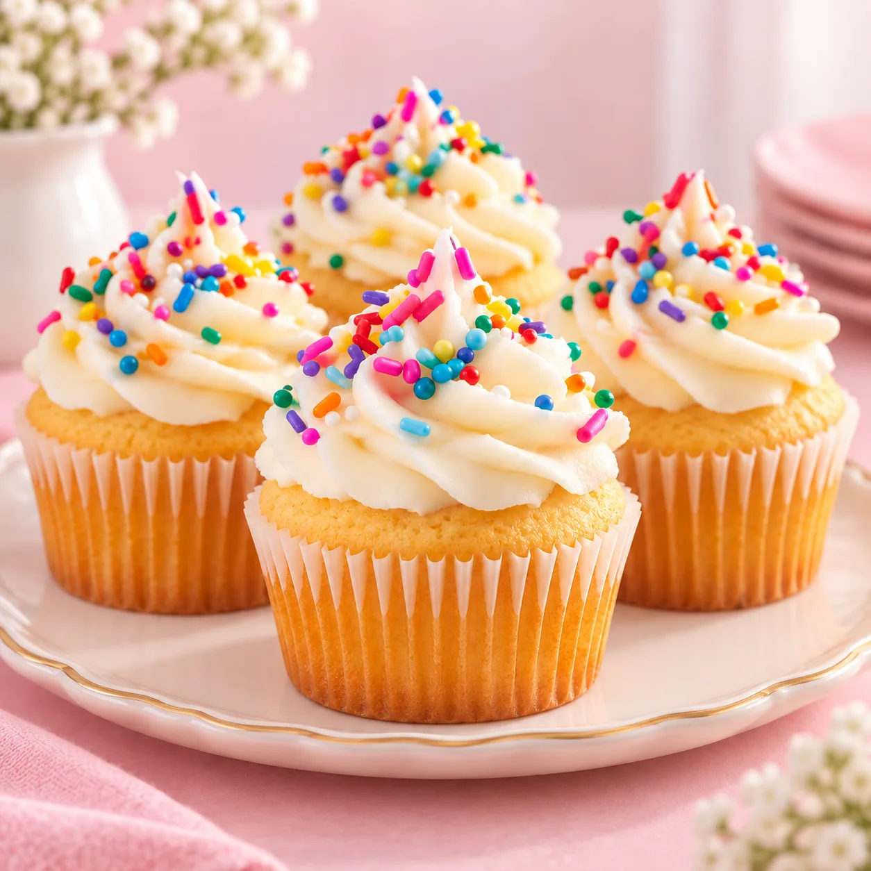 Bizcocho clásico de vainilla con crema sedosa y chispas de colores.