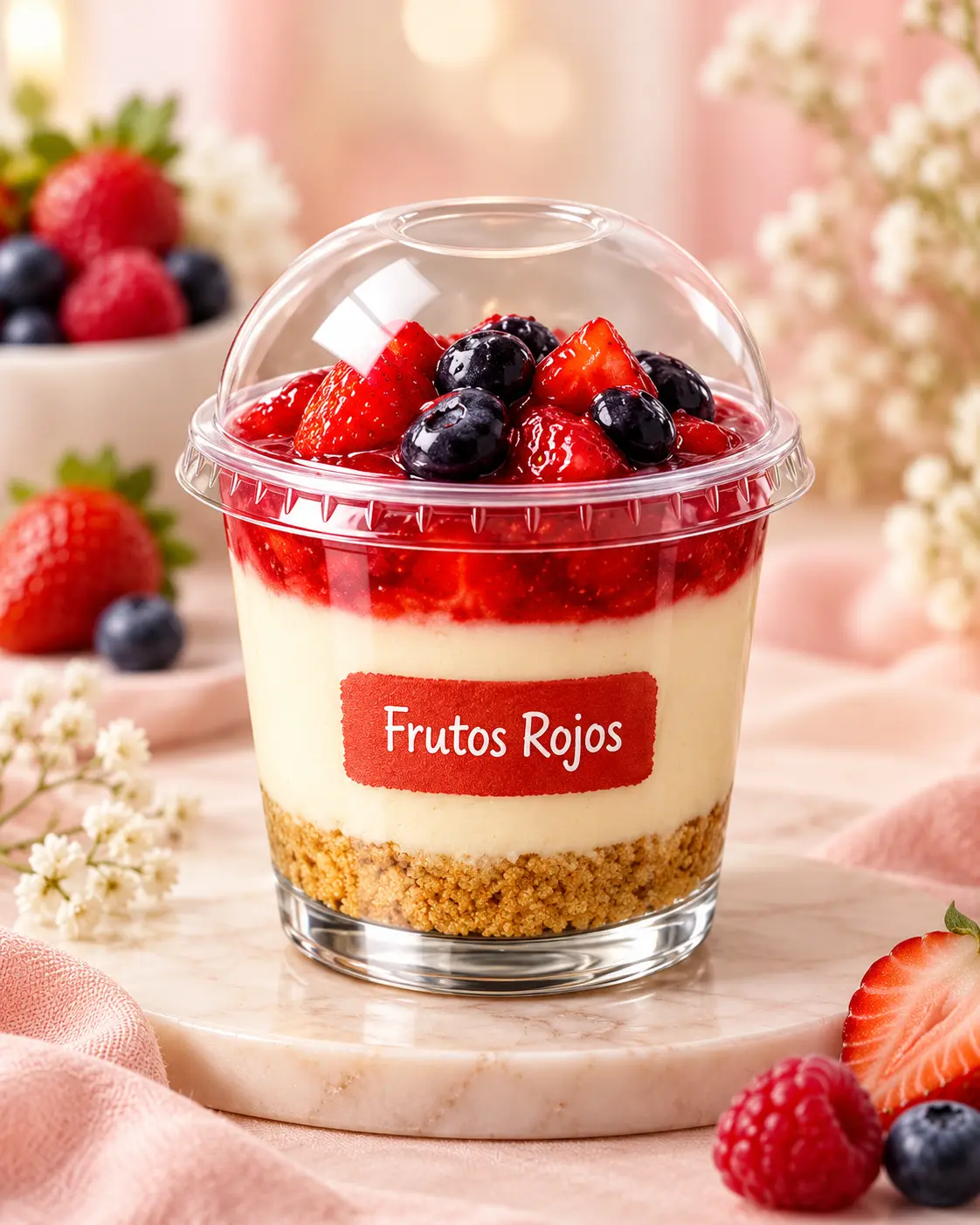 Cheesecake en vaso con base de galleta, queso crema y cobertura de frutos rojos.