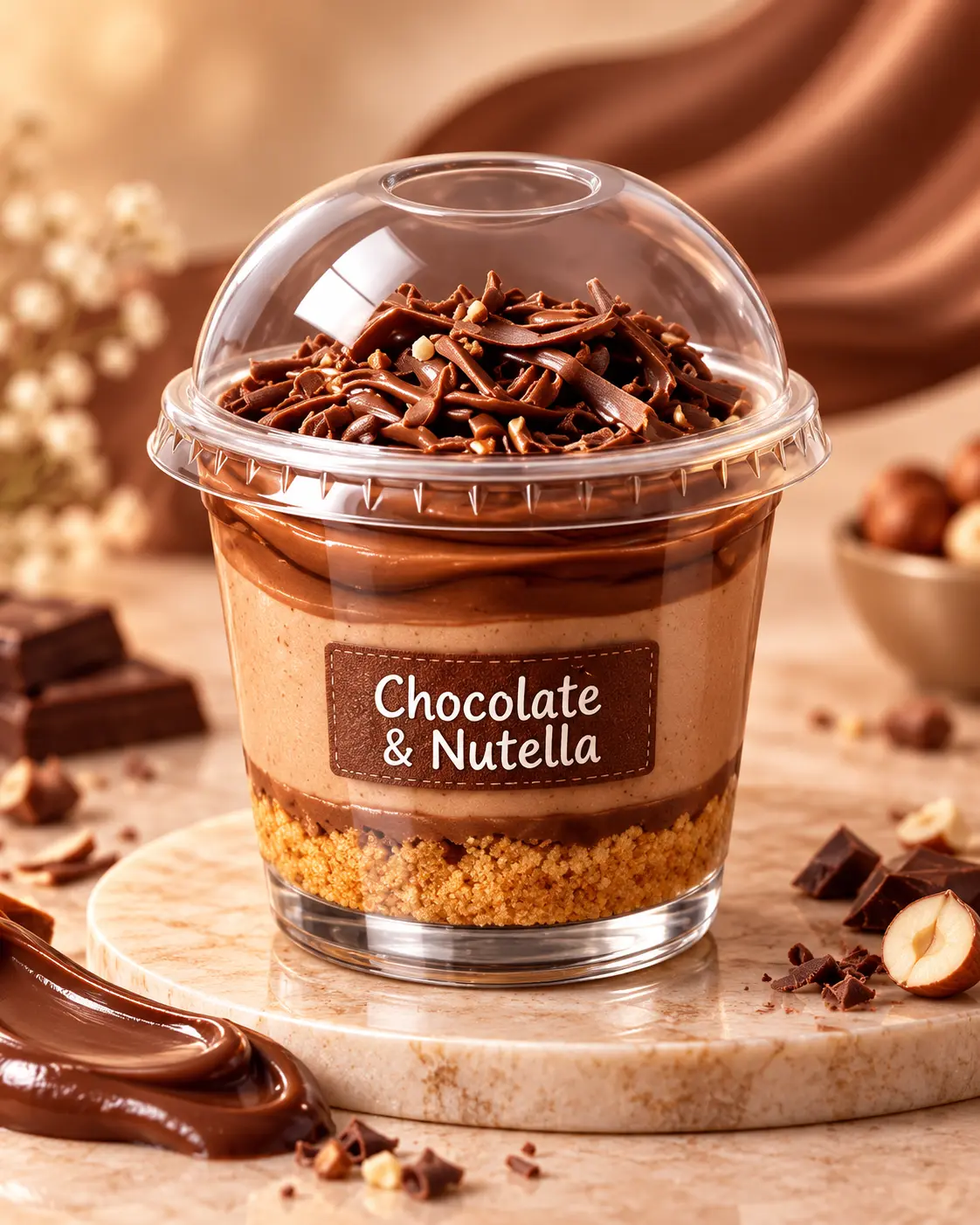 Cheesecake en vaso con base de galleta, queso crema, chocolate y Nutella, decorado con pedacitos de chocolate.