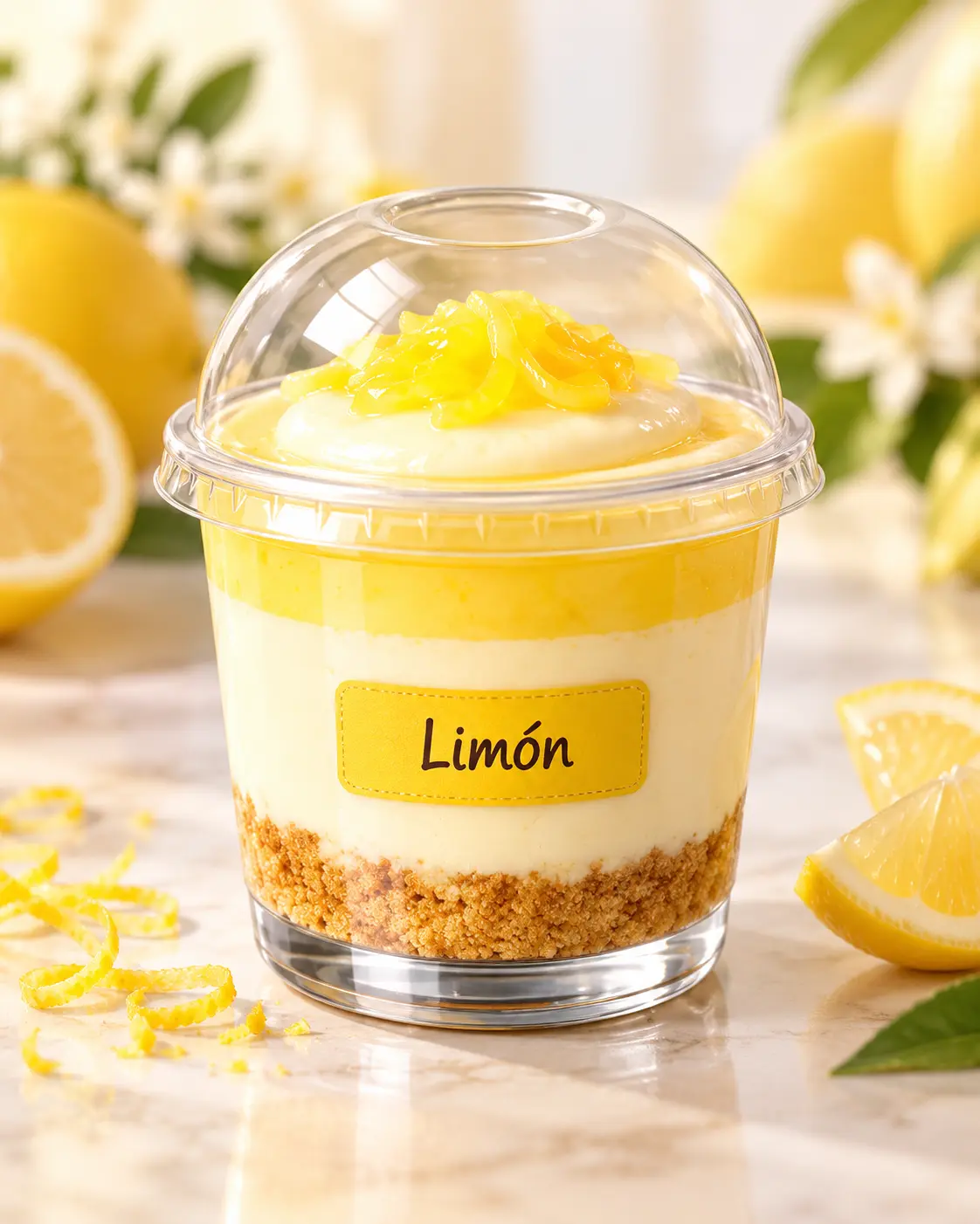 Cheesecake en vaso con base de galleta, queso crema y cobertura de limón.