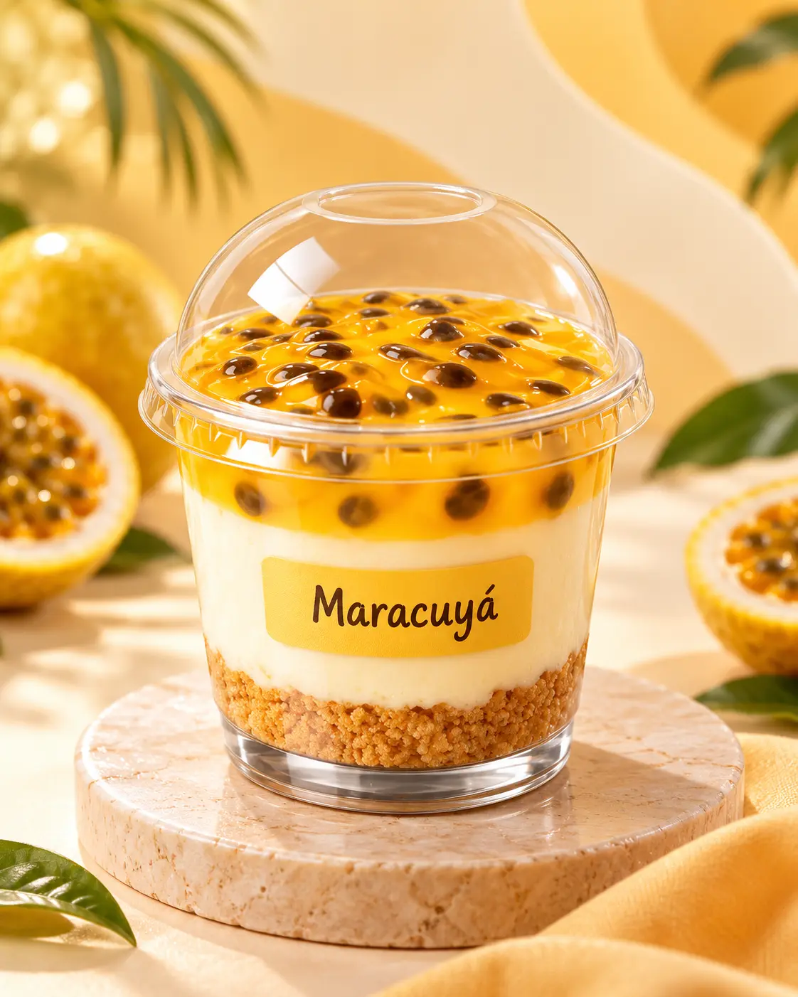 Cheesecake en vaso con base de galleta, queso crema y cobertura de maracuyá.