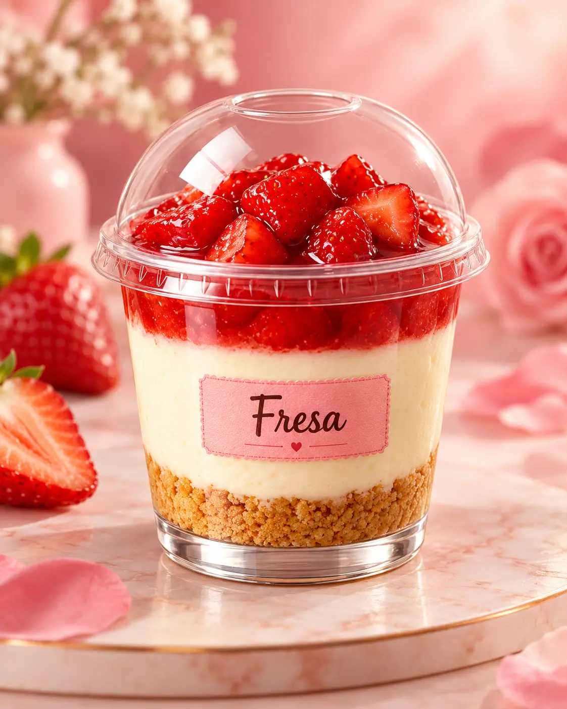 Cheesecake en vaso con base de galleta, queso crema y cobertura de fresas.