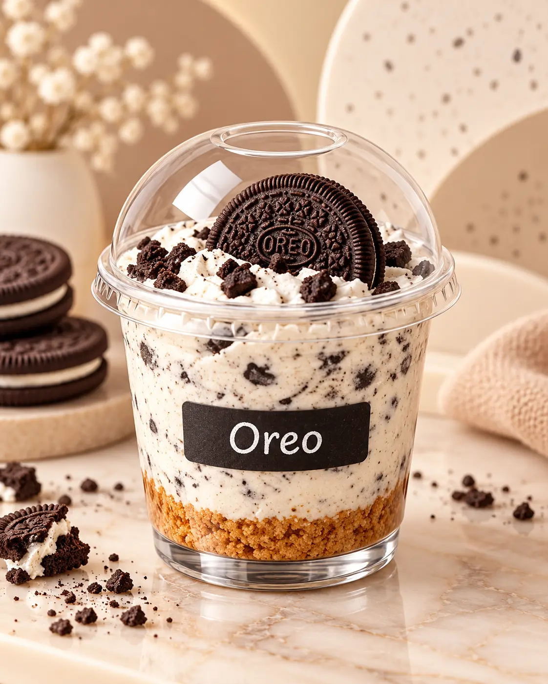 Cheesecake en vaso con base de galleta, queso crema y pedacitos de Oreo, decorado con una galleta Oreo.