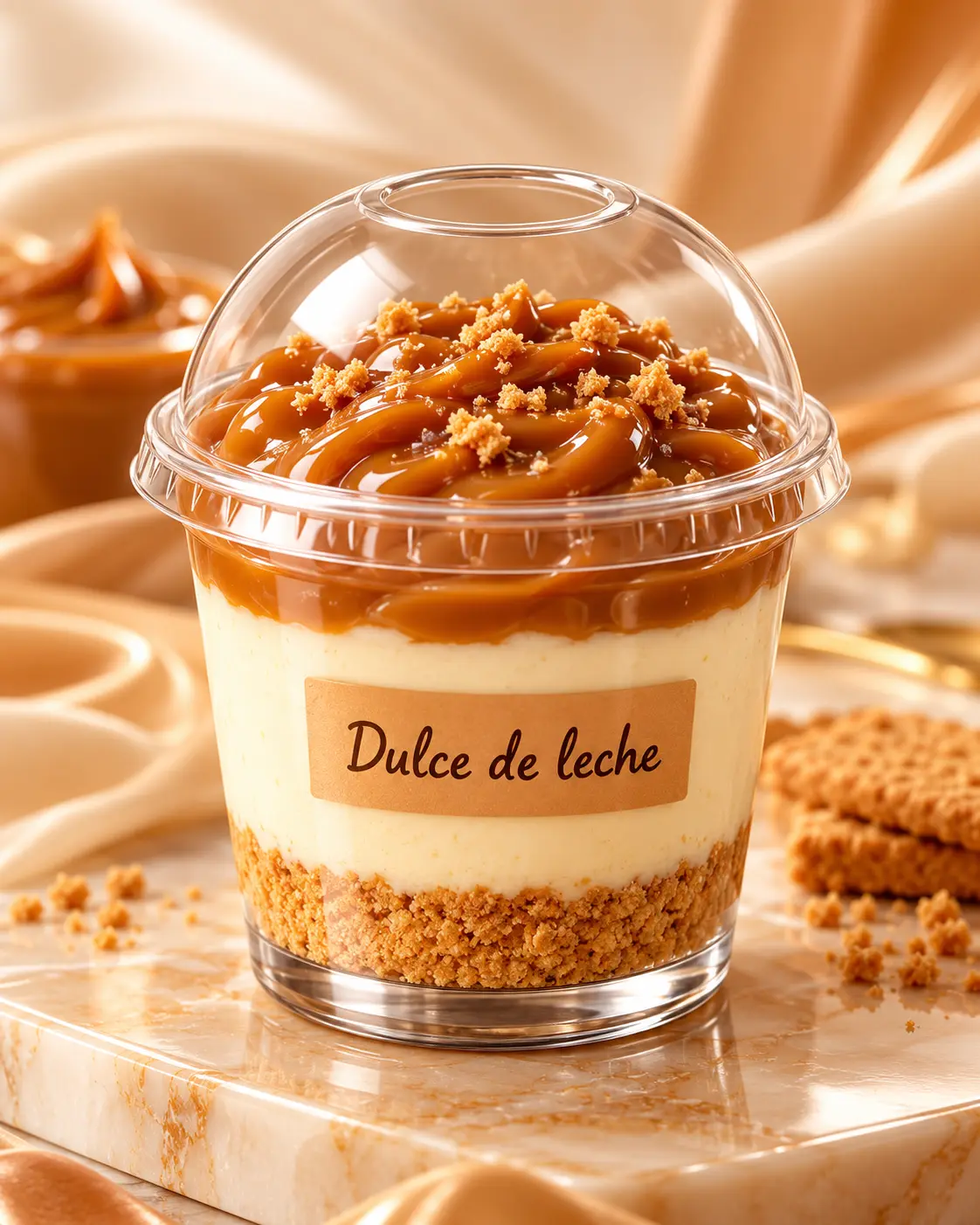 Cheesecake en vaso con base de galleta, queso crema y dulce de leche con pedacitos de galleta.