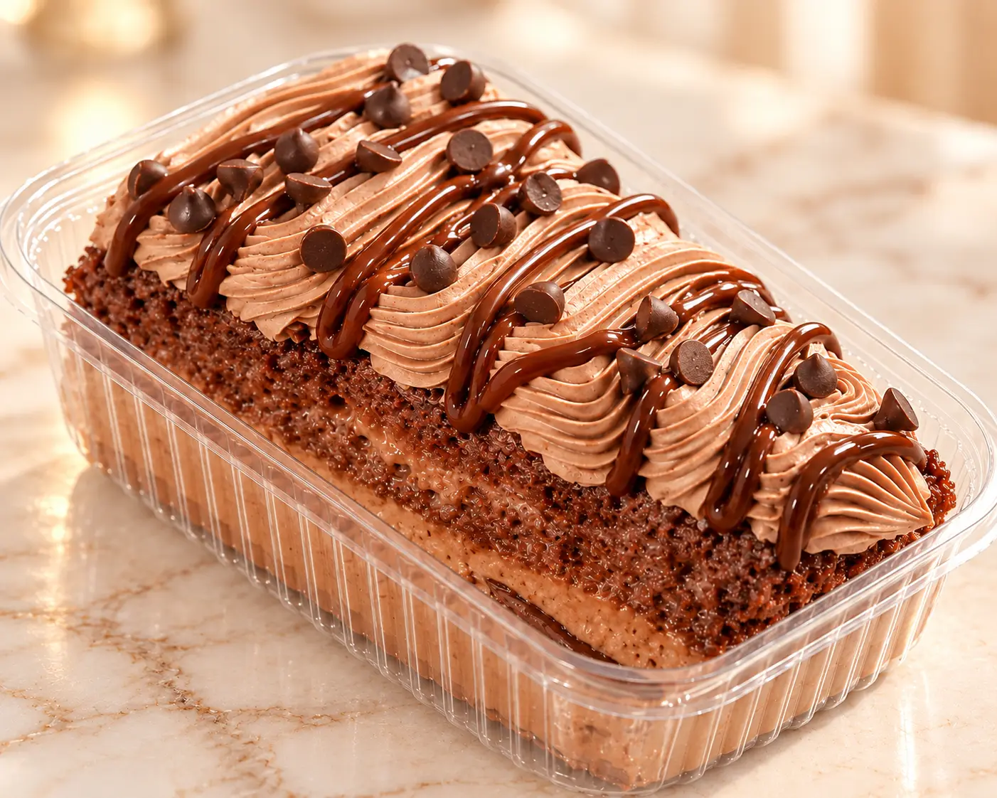 Tres Leches individual con chantilly de chocolate y pedacitos de chocolate.
