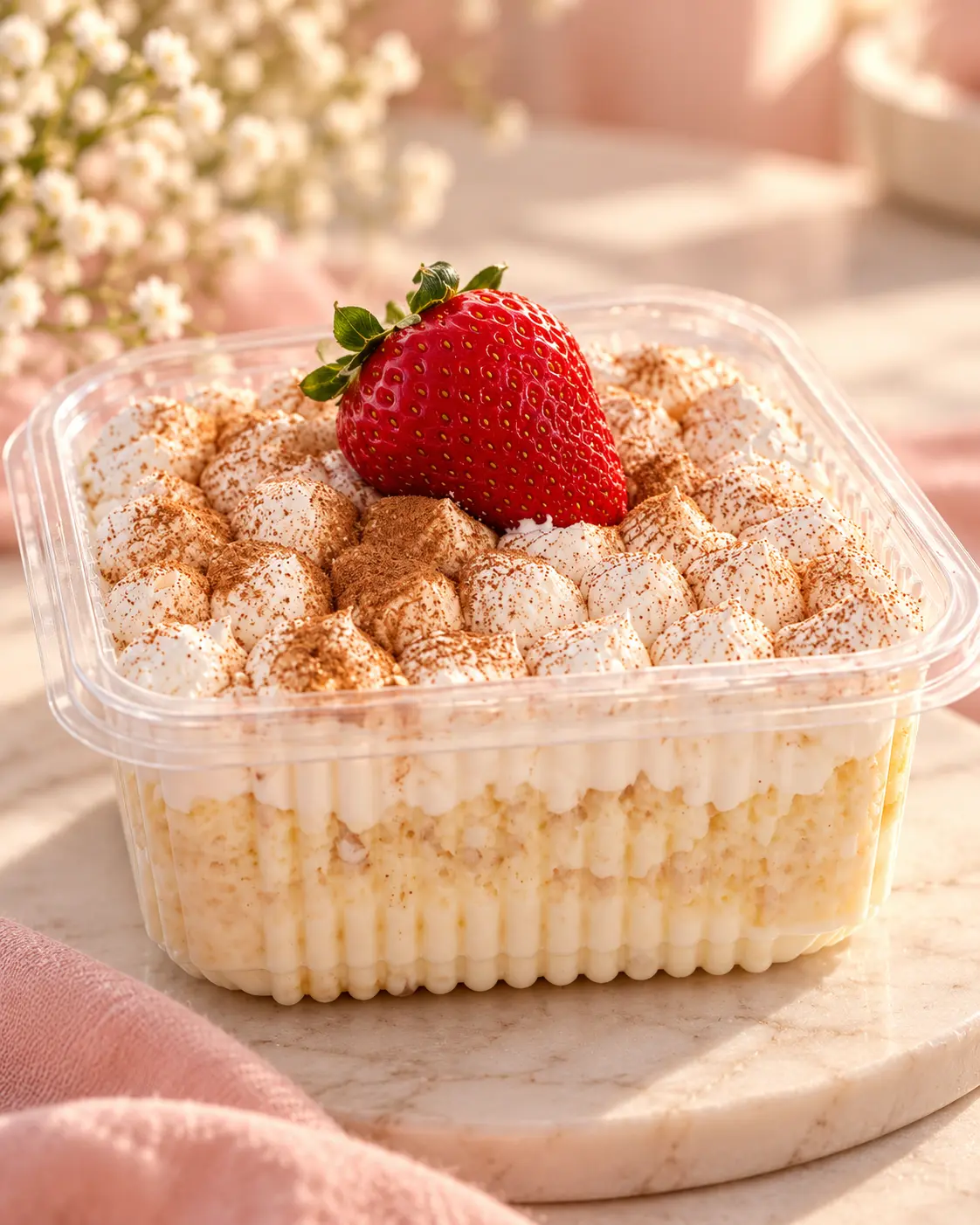 Tres Leches individual con crema chantilly, chocolate en polvo y una fresa.