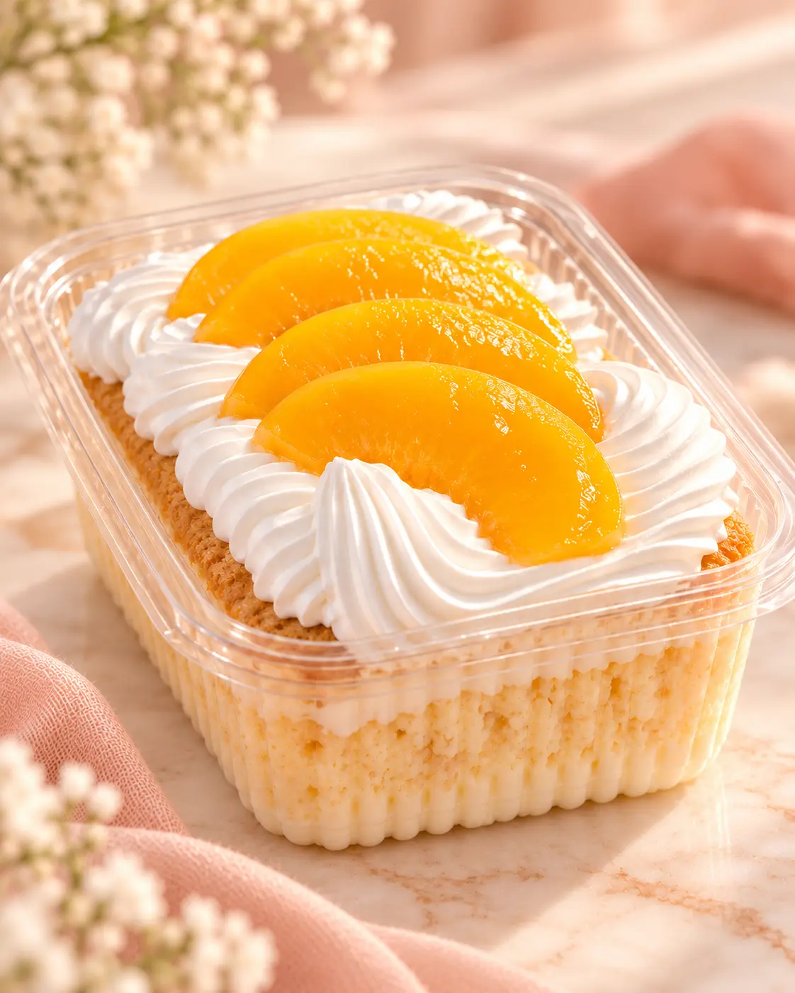 Tres Leches individual con crema chantilly y melocotón.