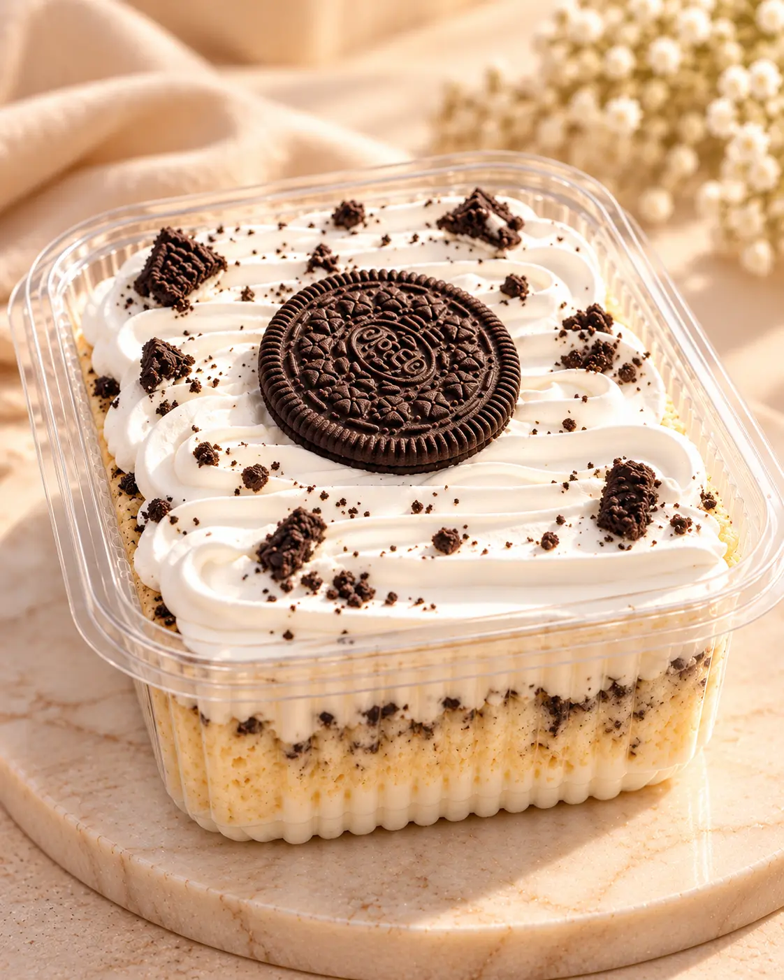 Tres Leches individual con crema chantilly, pedacitos de Oreo y una galleta Oreo.