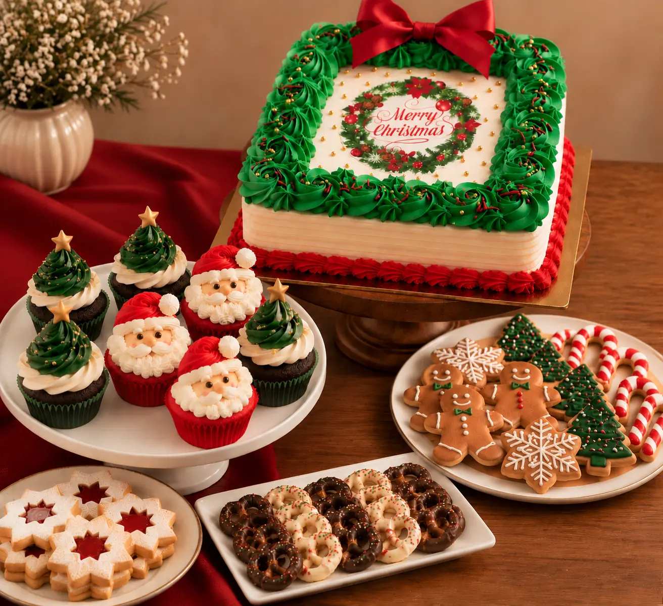 Una celebración completa con pastel, cupcakes, galletas decoradas y bocados festivos para compartir.