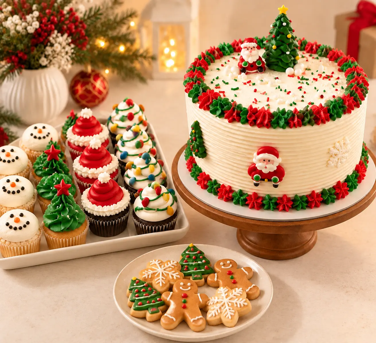 Pastel de Santa acompañado por cupcakes de muñeco de nieve, arbolitos y galletas clásicas de Navidad.