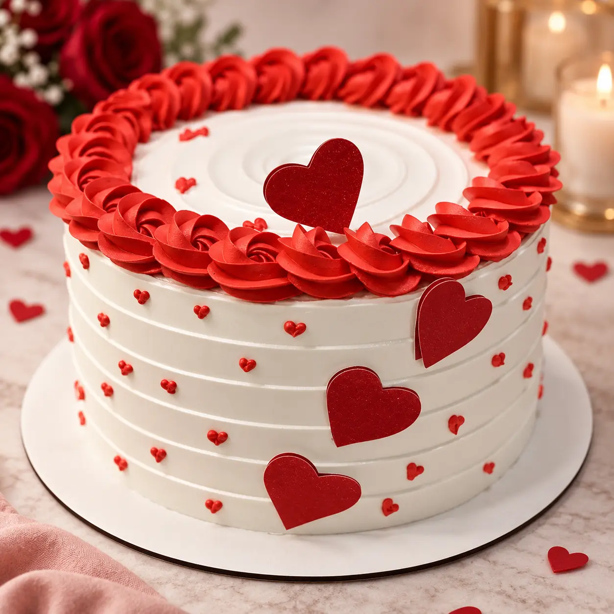 Pastel blanco de líneas suaves con una corona de rosetones rojos y corazones en relieve.