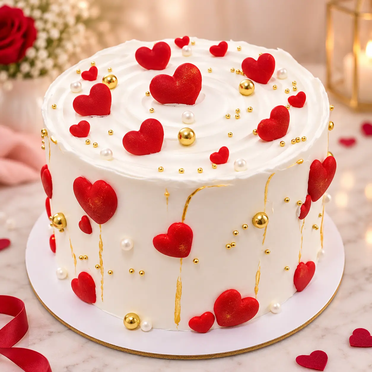 Pastel blanco decorado con corazones rojos, perlas y delicadas pinceladas doradas.