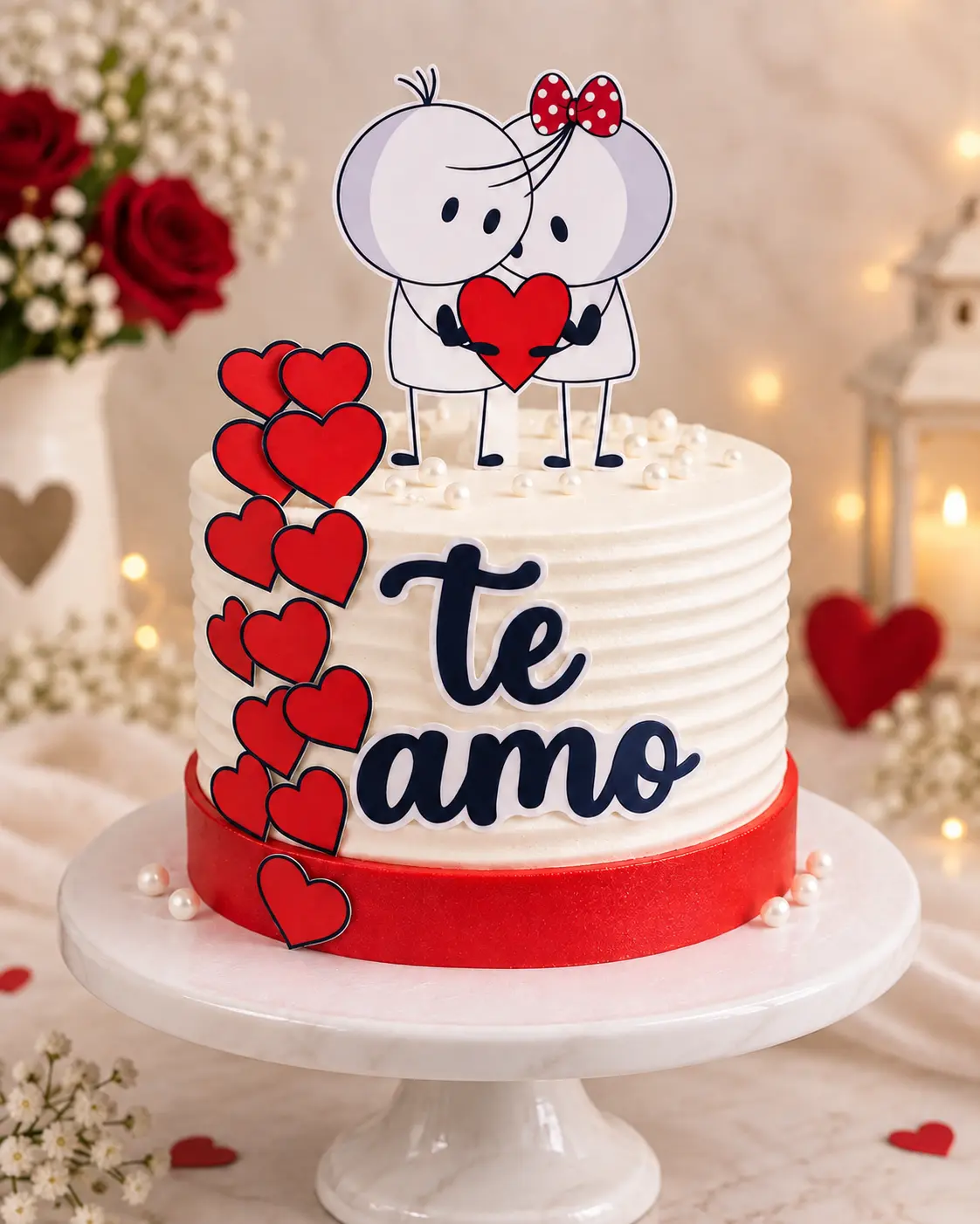 Diseño romántico en blanco y rojo con una pareja ilustrada, cascada de corazones y mensaje especial.