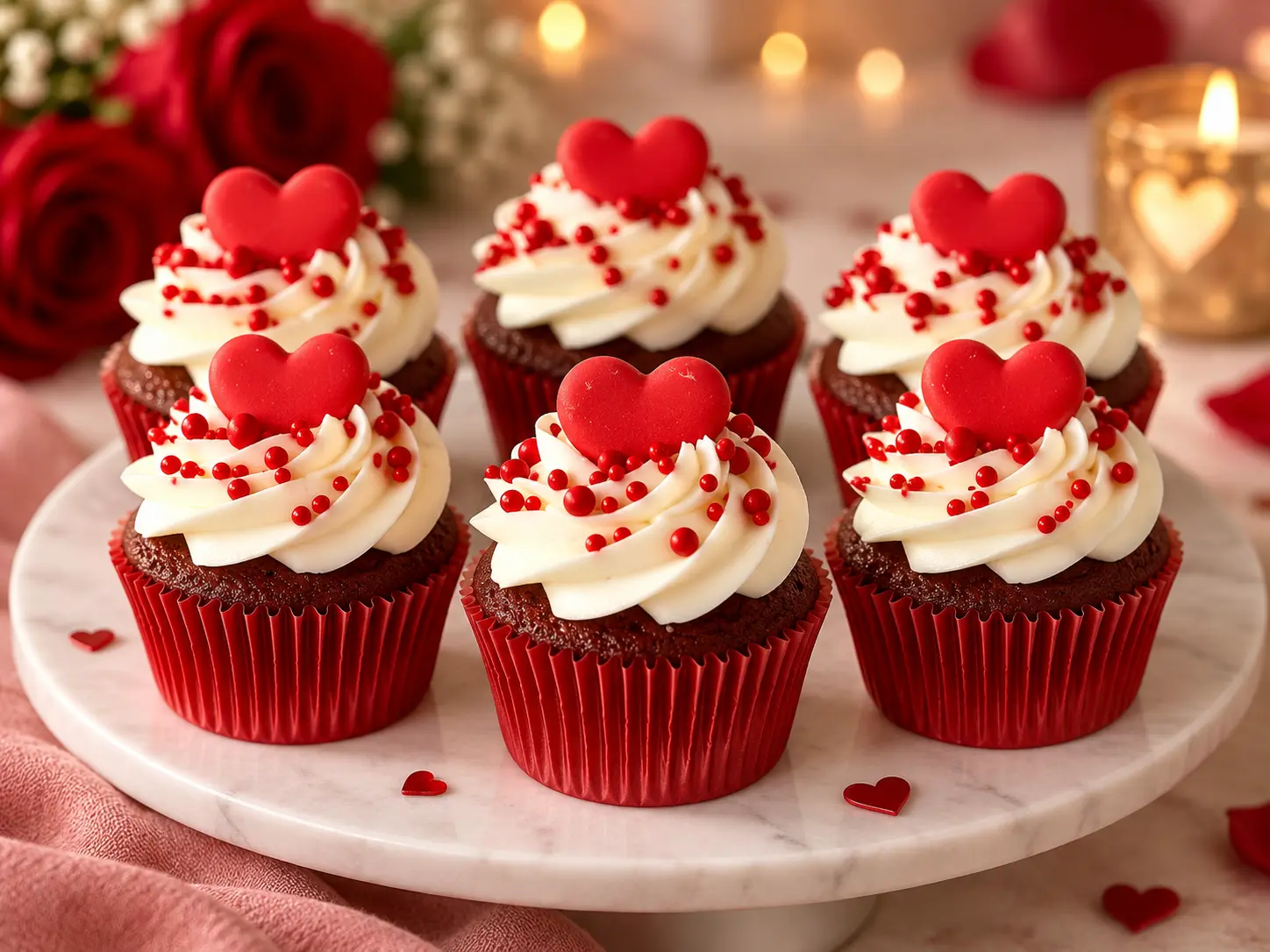 Seis cupcakes de chocolate con crema blanca, perlas rojas y corazones para regalar.