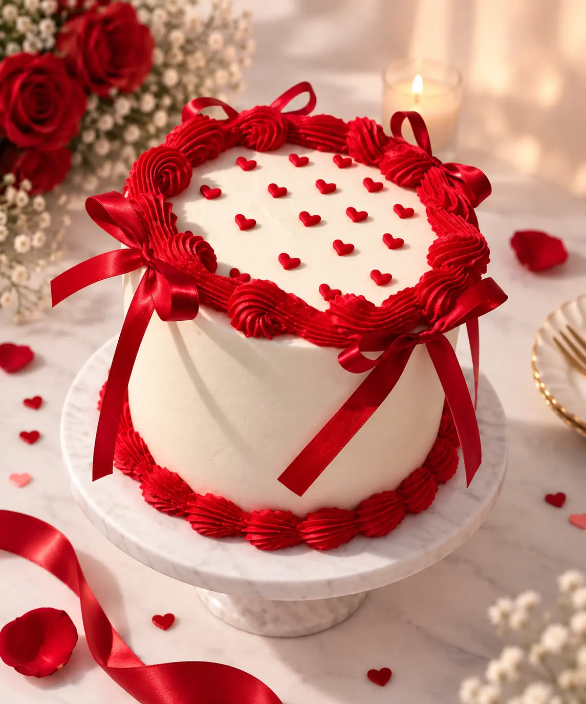 Pastel redondo con rosetones intensos, pequeños corazones y lazos rojos de acabado elegante.