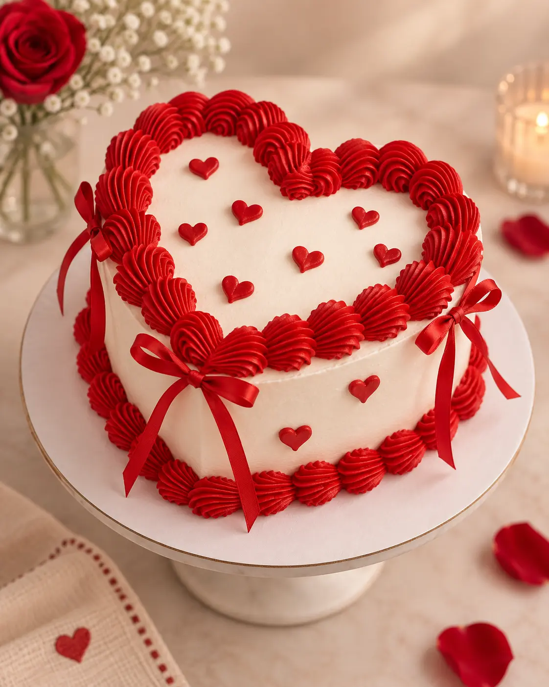 Pastel en forma de corazón con bordes de crema roja, lazos de satén y detalles románticos.