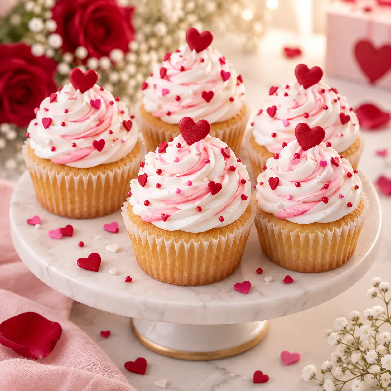 Cupcakes de vainilla con remolinos blancos y rosados, perlas y corazones rojos.