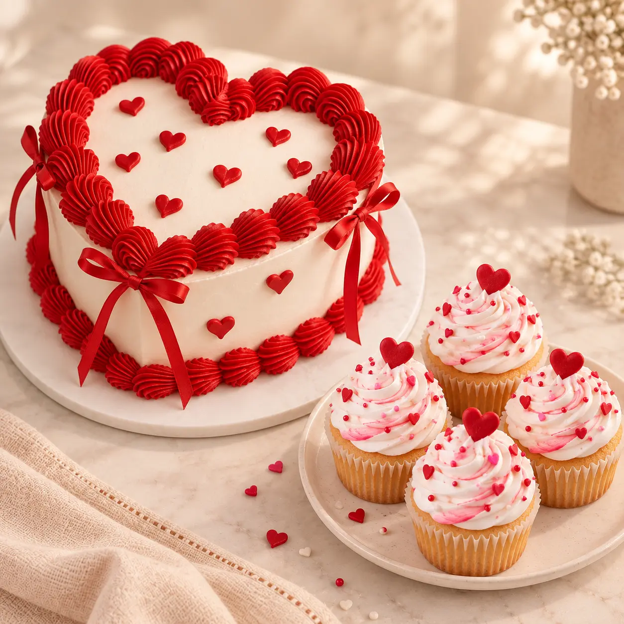Pastel de corazón con lazos rojos y cupcakes rosados para compartir una celebración especial.
