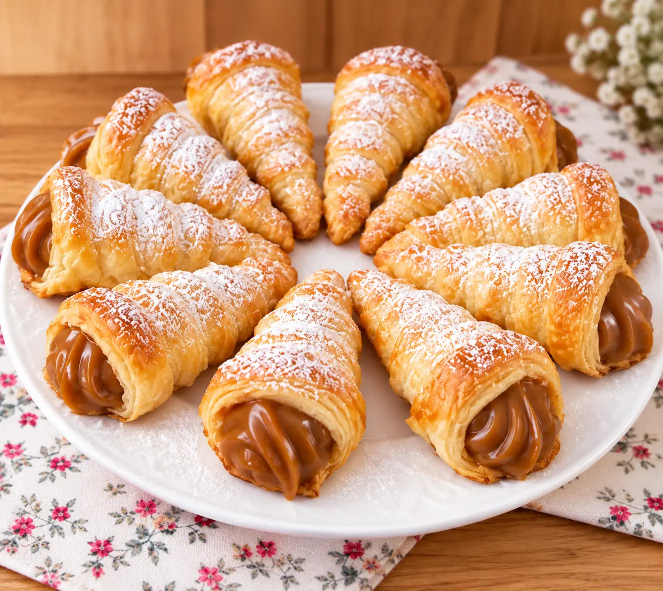 Conitos de dulce de leche. Conitos de masa hojaldre rellenos de dulce de leche.
