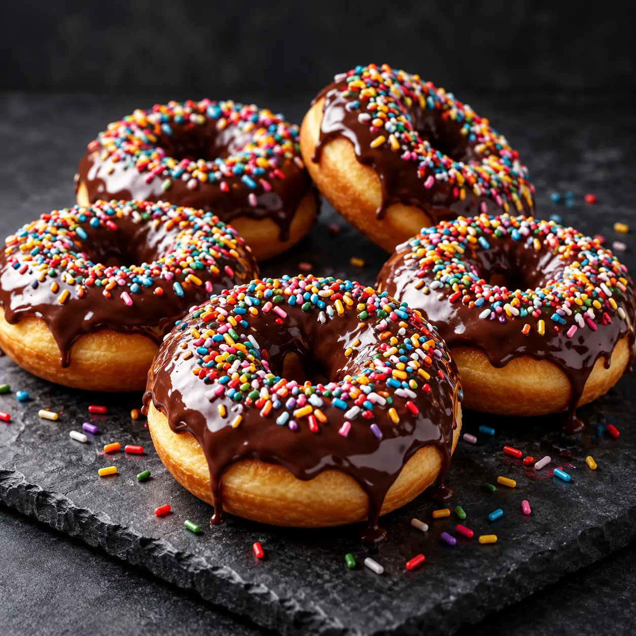 Donas de chocolate. Donas cubiertas de chocolate y chispas de colores.