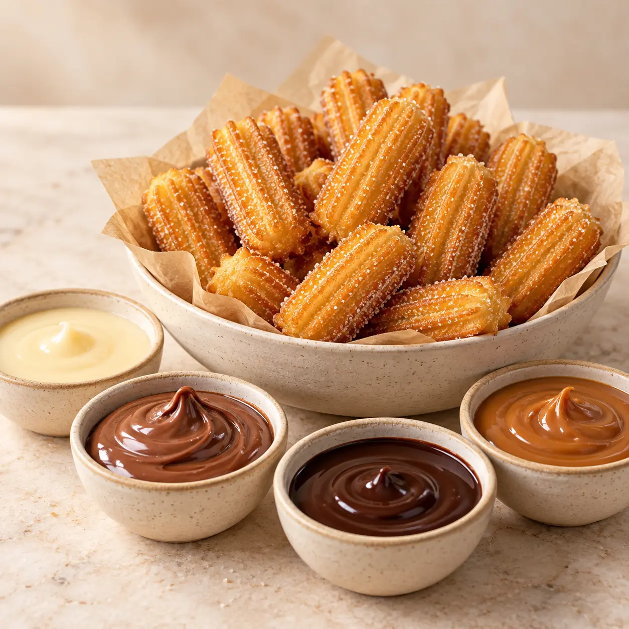 Mini churros rellenos. Mini churros rellenos a elegir: dulce de leche, leche condensada, Nutella o chocolate.