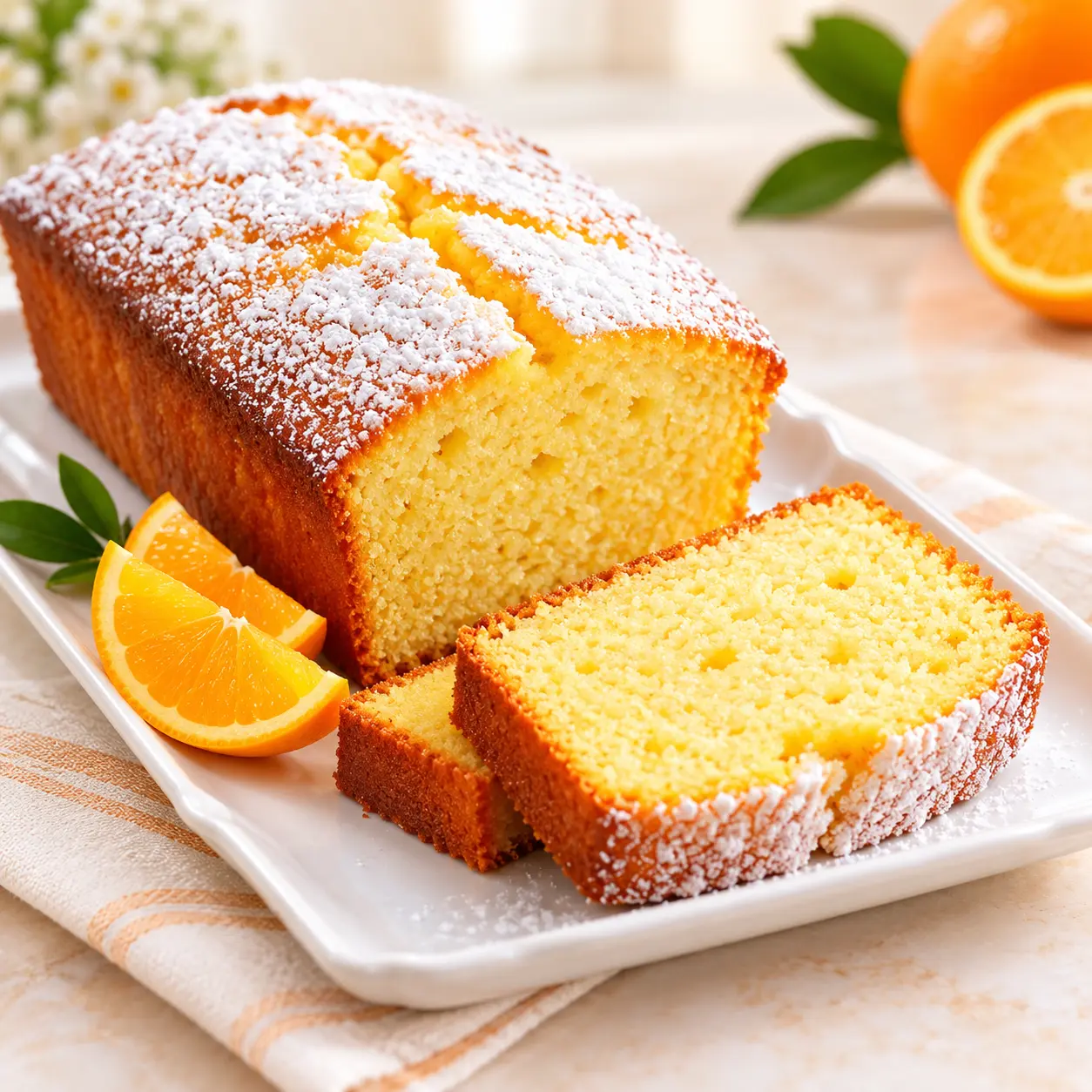Pan de naranja. Pan de naranja esponjoso y húmedo, terminado con azúcar espolvoreada.
