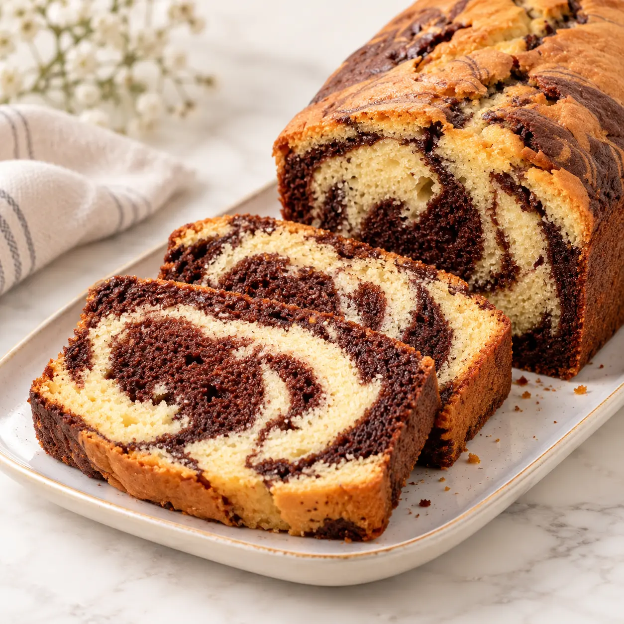 Pan marmoleado. Pan marmoleado de vainilla y chocolate, suave y lleno de sabor en cada rebanada.