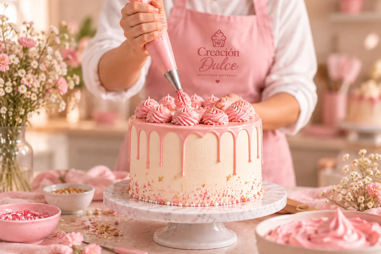 Repostera de Creación Dulce decorando a mano un pastel con crema rosa.